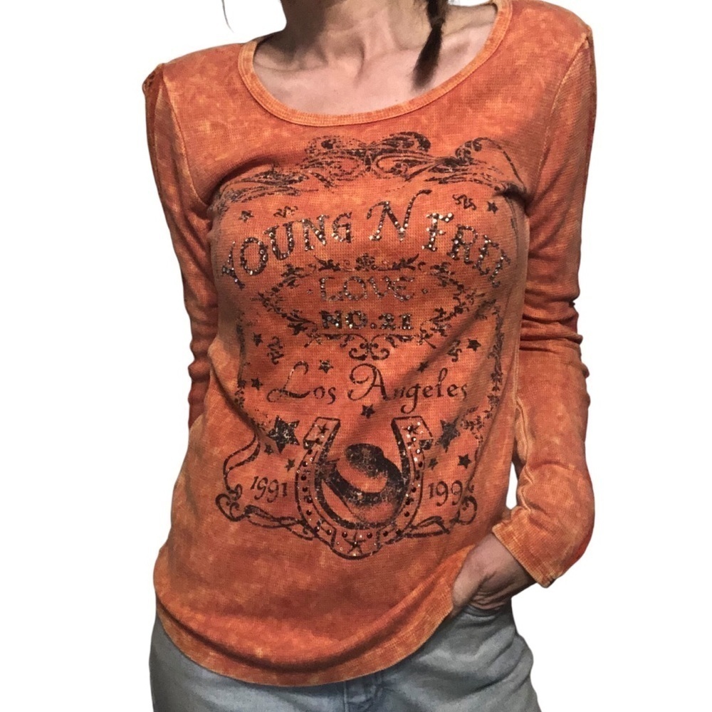 Y2K 90's Vtg Buckle USA Sz M Thermal Top Bling Western Boho Rock Grunge Rodeo